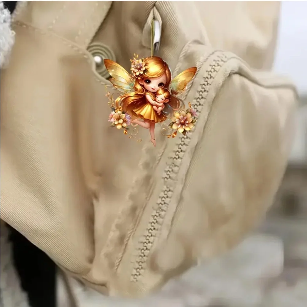 Golden Floral Mother Fairy with Child 2D Acrylic Pendant Ornament, Gift Tag